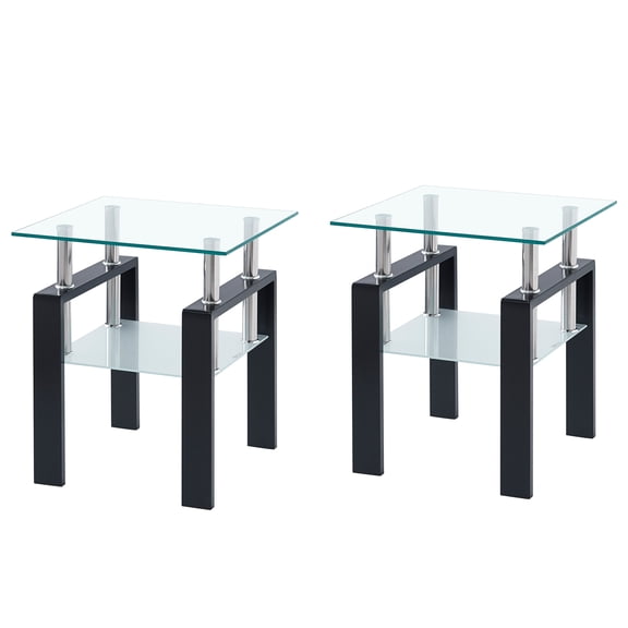 LifeSky 2-Piece Clear Tempered Glass End Tables Set for Living Room Sofa Side: Keep Drinks & Remotes Handy - 2-Tier Storage - 17.7" Small Space - Modern Decor