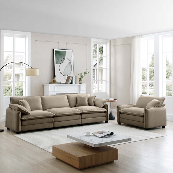 LifeSky 2-Piece Mid Century Modern Sofa Set for Living Room: 3-Seater & Single Seat with 6 Pillows - Transforms Empty Space in Under 2 Hours - Quick Setup - Tan Corduroy
