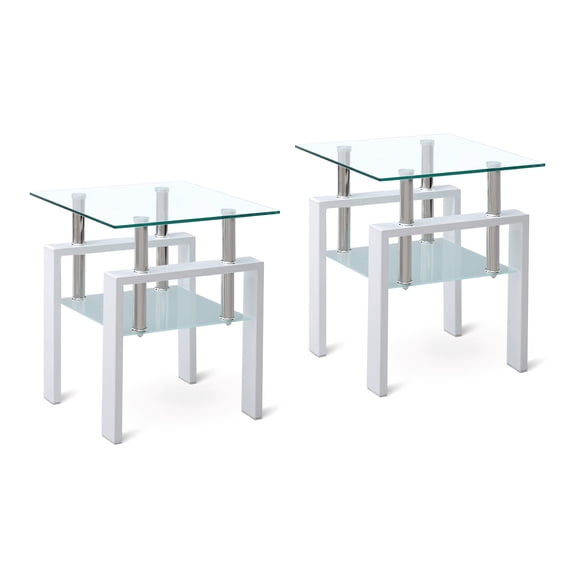 LifeSky 2 Pieces Glass End Tables for Living Room: Tempered Clear Side Table Set with Storage Shelf - 0 Step Reach for Drinks & Remotes - Weekend Movie Night Sofa Side Companion