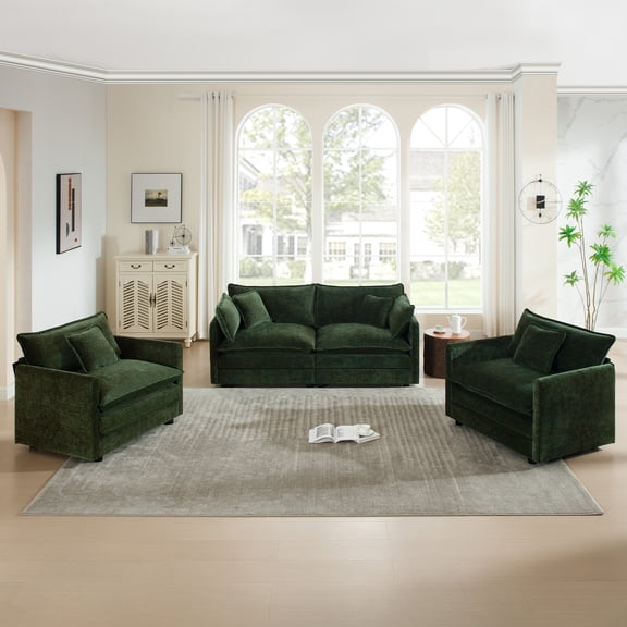 LifeSky 3-Piece Sofa Set for Small Apt Living Room: Host 4 Guests in 15, Modular Split Design (2 Armchairs + 1 Two-Seat Sofa), Soft Green Chenille, Arm & Toss Pillows, 300lbs per Seat