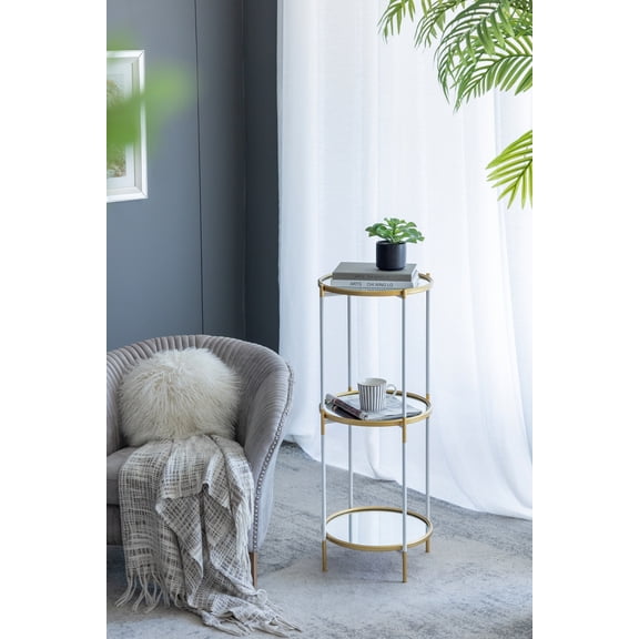 LifeSky 3-Tier Narrow Shelf for Living Room Corner: 16" Round Mirrored Display Shelf Creates Bright, Open Space - 15 Min Assembly - Compact Tall Side Table for Small Apartments, White Gold