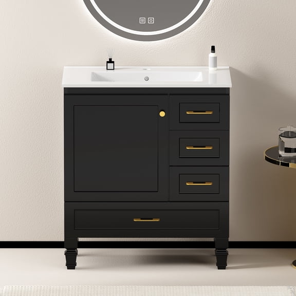 LifeSky 30" Bathroom Vanity with 1 Door 3 Drawers for Morning Rush: 30-Second Organized Routine - Compact Storage for Small Bathrooms - Soft-Close Design