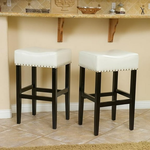 LifeSky 30-Inch Backless Ivory Faux Leather Counter Stool Set of 2 for Kitchen Island or Breakfast Bar: Ready to Use in 30 Seconds - Weekend Brunch with Family - Silver Nailhead Trim