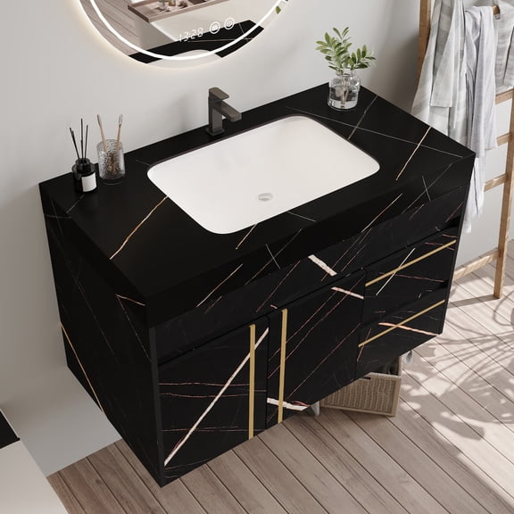LifeSky 35.2" Floating Bathroom Vanity with Sink & Faux Marble Top for Small Space: Frees 90% Floor, Cleans 12 Min Faster Per Week - Soft Closing Drawers - Morning Rush No More Cramped