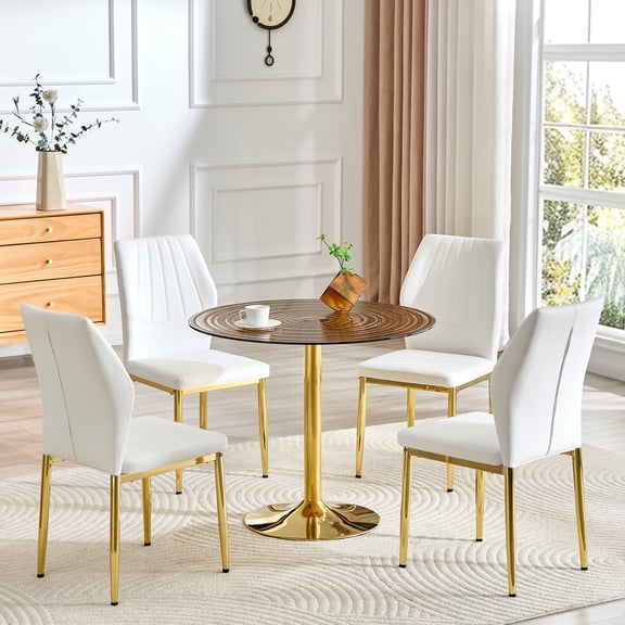 LifeSky 35-Inch Glass Dining Table Set for 4 with Ergonomic Shell Back Chairs: Lumbar Support for 1.5-Hour Family Dinners - Easy Clean Tempered Glass Top - Sturdy Gold Metal Base