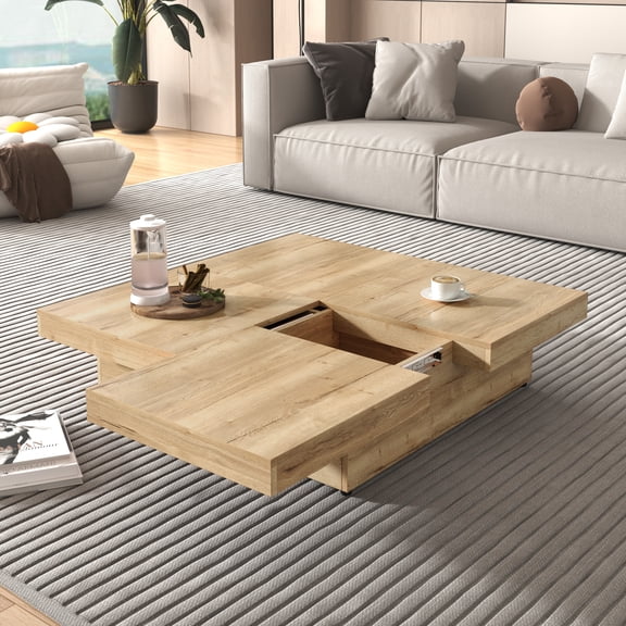 LifeSky 39.4" Square Coffee Table with Sliding Top & Hidden Storage for Quick Cleanup: Clear Clutter in 3 Seconds for Unexpected Guests - Modern Design with Natural Wood Grain Veneer