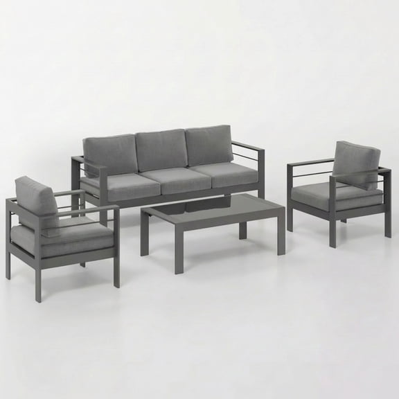 LifeSky 4-Piece Aluminum Patio Set for Small Backyard: 5-Seat Rust-Proof Sofa Set with 5" Cushions & Wood Coffee Table - 3 Years No Rust on Uncovered Patio - 1 Hour Assembly