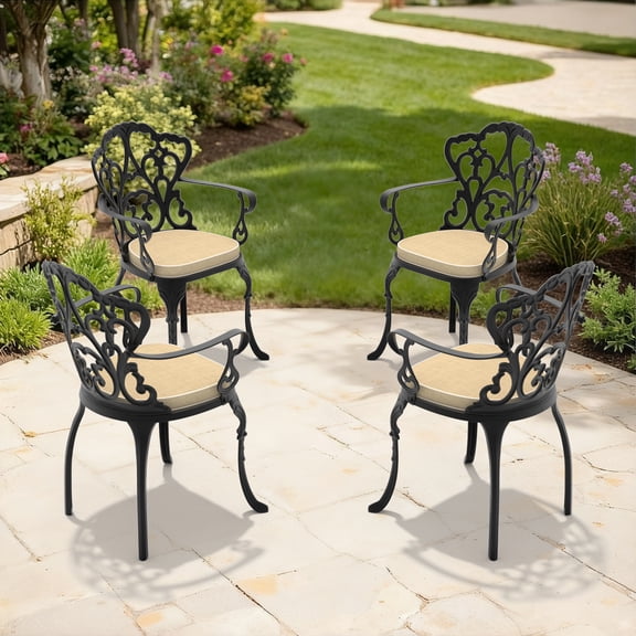 LifeSky 4 Pieces Cast Aluminum Patio Dining Chairs with Off-White Cushions: Rust-Proof, UV-Resistant, No Assembly Needed - For New Home BBQ Party & Daily Outdoor Dining