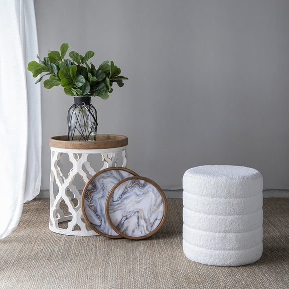 LifeSky 5-Piece French Country Home Decor Collection Living Room Bundle: Complete Corner Set in 15 Mins - Distressed Side Table, Sherpa Stool, Decorative Trays - No Assembly Needed