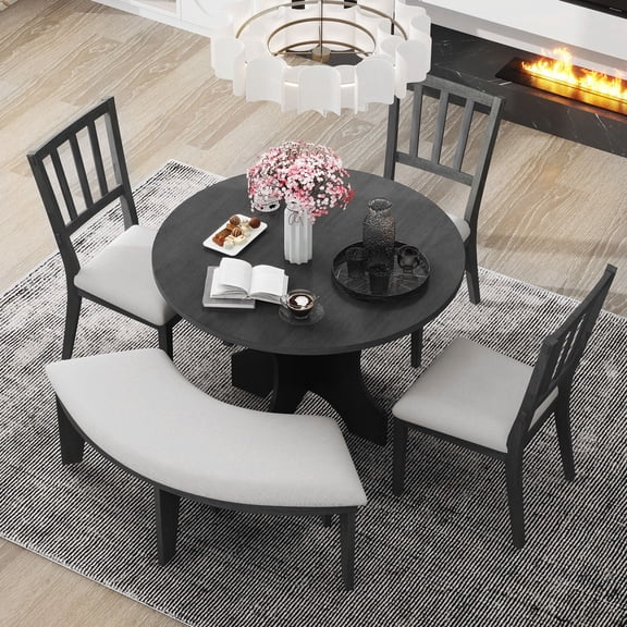 LifeSky 5-Piece Round Dining Set with Curved Bench & 3 Upholstered Chairs: Fits 5 in Small Apartment Corner - Rustic Charm, Space-Saving for Kitchen or Living Room - Distressed Gray Finish