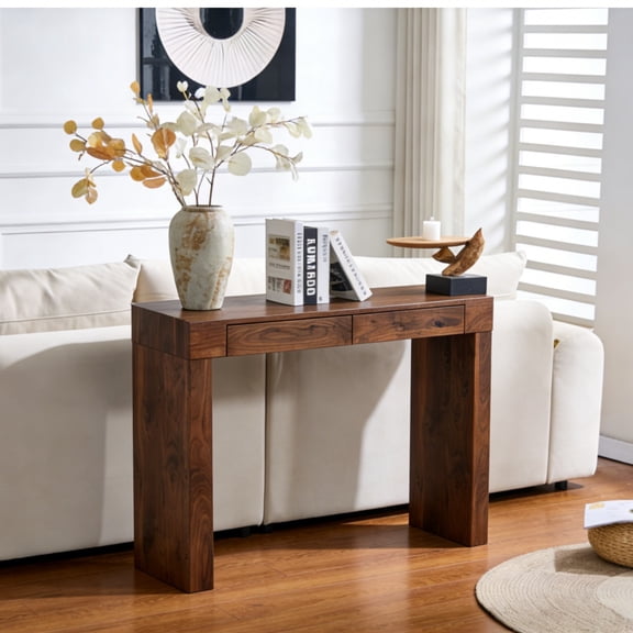 LifeSky 50'' Walnut Console Table with Drawers for Living Room Party: Hidden Storage for 8 Items in 2 Drawers - 37'' High Bar Table Sofa Table - Quick Assembly 20 Min - Modern Narrow Entryway Table