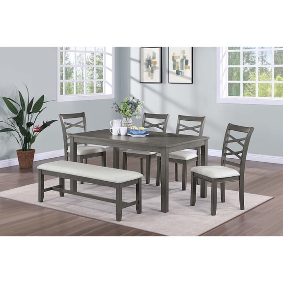 LifeSky 6-Piece Dining Set for Flexible Family Gatherings: Seats 6 with 1 Table + 4 Chairs + 1 Bench - 60" Rustic Gray Wood Set - Sturdy Rubberwood Frame for Weekend Dinner Parties