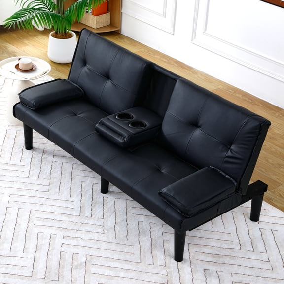 LifeSky 67-inch Sofa Bed with Cup Holder: Modern PVC Folding Convertible Design - Gaming Streamer Studio & Small Space Solution for Live Broadcasting Comfort