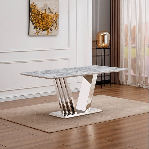 LifeSky 70'' Modern Faux Marble Dining Table for 6-8 People: Elegant Entertaining Solution - Sturdy Stainless Steel Base - Easy-Clean Surface