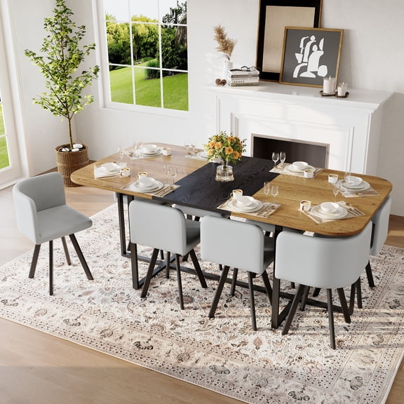 LifeSky 9-Piece Square Dining Table Set for 8 People Complete Set: 1 Fixed Two-Tone Wood Grain Table + 8 Gray PU Leather Chairs - 0 Waiting Time - Family Dinner Ready in 1 Hour - Easy Assembly