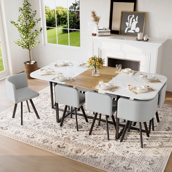 LifeSky 9-Piece Square Dining Table Set for 8 People: Complete Set Arrives in 1 Box - Spill-Resistant Faux Marble Top, 8 Gray PU Chairs, Modern Kitchen Table for Family Gatherings & Dinner Parties