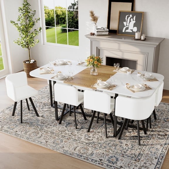 LifeSky 9-Piece Square Dining Table Set for 8 People: Complete White Faux Marble & Wood Grain Table with 8 PU Leather Chairs, Ready to Host Dinner Parties in Your Dining Room
