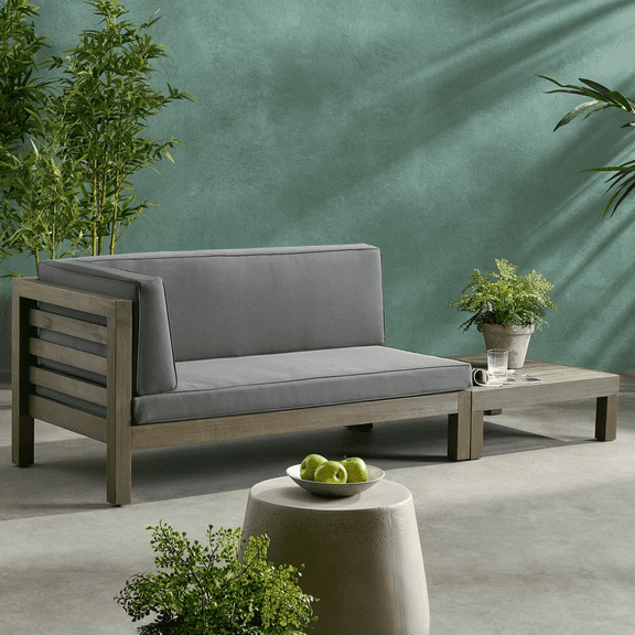LifeSky Acacia Wood Left Corner Bench with Coffee Table Set for Patio Garden: 600 lbs Capacity, Wipe-Clean Fabric - Rain-Ready Backyard Chat Set - Modern Slatted Design