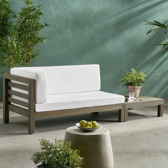 LifeSky Acacia Wood Outdoor Left Corner Bench & Coffee Table Set for 2 Persons: Water Resistant Cushions, Weatherproof Patio Loveseat Set for Rainy Backyard Garden Balcony - CPSC Compliant