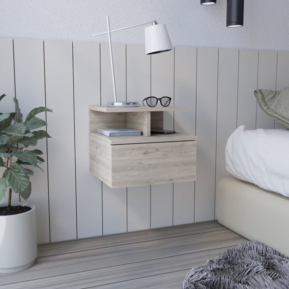 LifeSky Adele Floating Nightstand with Drawer and Open Storage Shelves, Wall-Mounted Bedside Table for Small Bedroom, Light Gray Wood-Like Material, 14"W x 10.8"D Top Surface