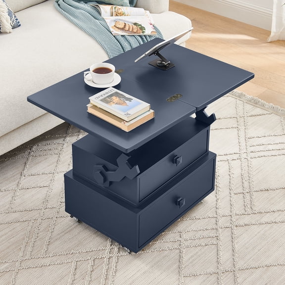 LifeSky Adjustable Height End Table with Charging Station for Small Spaces, Rolling Flip Top Side Table with Storage Drawers, Lockable Wheels, Navy Blue