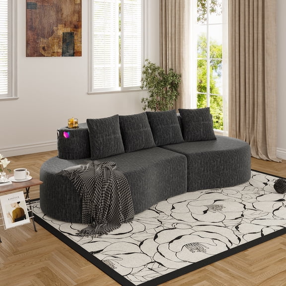 LifeSky No Assembly Curved Sectional Sofa 3 Seat for Apartment Move In: Sit in 0 Minutes - Moving Day Setup - Chenille Fabric with Memory Foam and Cup Holders