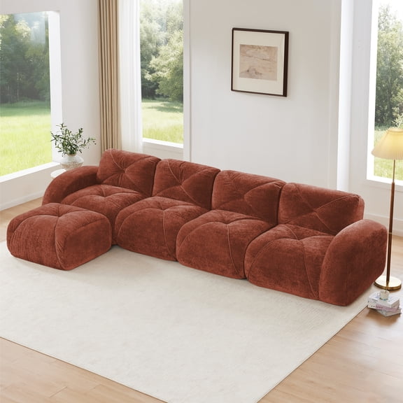 LifeSky No Assembly L-Shaped Sofa for Living Room Apartment: Sit in 3 Minutes - 32D High Density Sponge, Removable Ottoman, Tufted Velvet, Anti-Slip, Move-In Ready