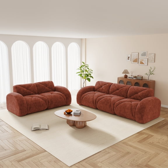 LifeSky No Assembly Required 2 Piece Sofa Set for Living Room: Ready to Use in 30s - 2+3 Seater Deep Seat Sofa with Soft Velvet Fabric & 32D High Density Sponge, Red Brown