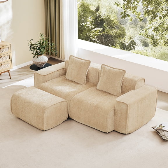 LifeSky No Assembly Required L Shape Sectional Sofa for Moving Day: 2-Seat Couch Ready in 10 Mins - Velvet Fabric with French Piping - Modular Design with Movable Ottoman & Throw Pillows