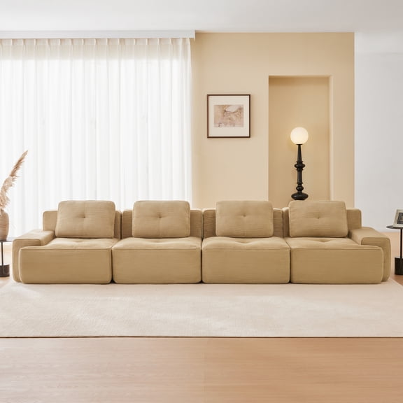 LifeSky No Assembly Sectional Sofa for New Apartment Move In: Sit in 5 Minutes, Deep Seat for Living Room, Corduroy 4-Seater Couch with Tufted Design, Buckle Connection, Anti-Slip Base, Camel