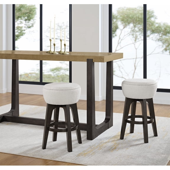 LifeSky Backless Bar Stools Set of 2 for Small Kitchen Island: Tucks Under Counter to Free 80% Aisle Space - Brown Wood Frame & White Cushion - Quick 1-Minute Assembly