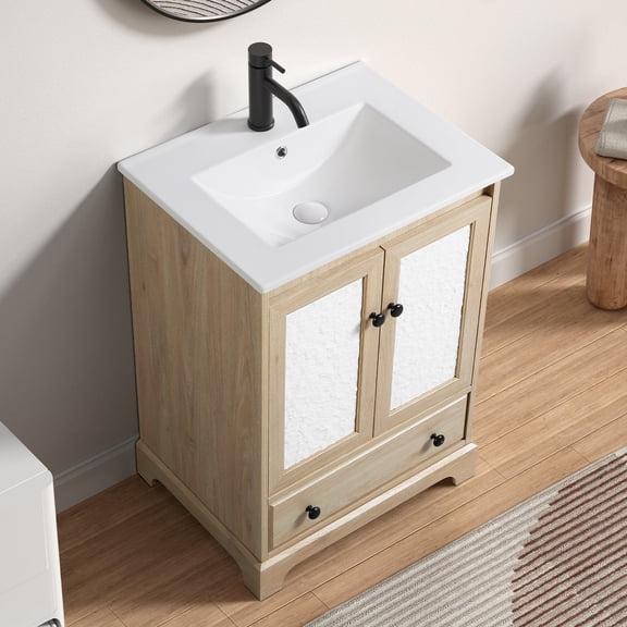LifeSky Bathroom Vanity with Sink for Quiet Night Use: Soft Close Doors & Drawer Prevent Waking Family - Freestanding 24x18" Storage Cabinet with Ceramic Basin