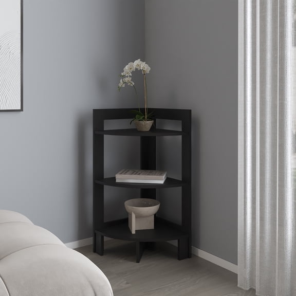 LifeSky Black Three Tier Corner Table with Shelves for Living Room, 11 lb Per Shelf Capacity, Engineered Wood