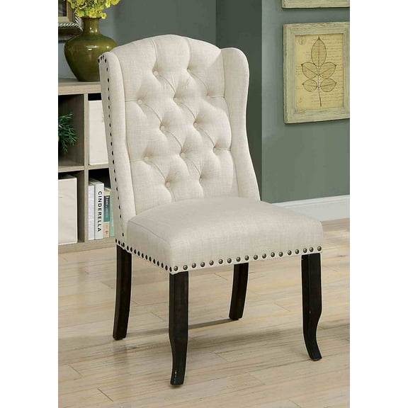 LifeSky Button Tufted Wingback Dining Chairs Set of 2 for Family Dinner Parties: Instantly Upgrade Your Dining Room in 6 Minutes - Weekend Gathering - Beige Linen Fabric & Antique Black Wood Legs