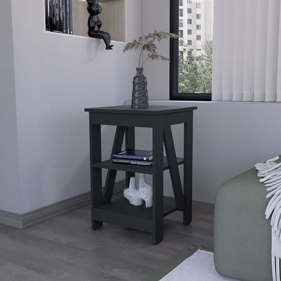 LifeSky Clio X-Brace Side Table 15.7 Inch Stable End Table for Sofa: Holds Hot Coffee Steady - No Wobble in Active Living Room - 2 Shelf Storage for Small Spaces