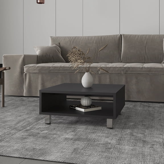 LifeSky Coffee Table Black with Open Shelf, Low Profile 10.6 Inch Height, Square Shape for Small Living Room, Apartment, Dorm