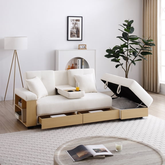 LifeSky Convertible Sofa Bed with Storage & Drop-Leaf Table: Space-Saving 3-in-1 Sleeper Sofa for Small Apartments & Home Offices - Reversible Armrest, 2 Drawers & Cup Holders, Beige Fabric, Solid W