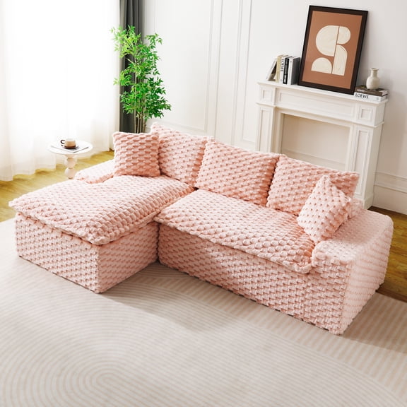 LifeSky Convertible Twin-Seat Sofa w/ Left Chaise Lounge for Small Apt Living: 30s Switch from Straight to L-Shape, 3-Seat Modular for Work/Friends/Relax, Plush Turtle Velvet w/ 5 Pillows