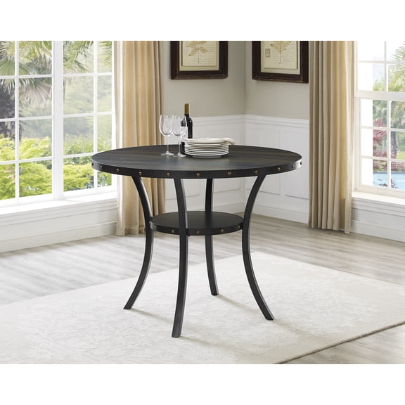 LifeSky Counter Height Round Dining Table with Open Shelf for Small Space: 48'' Espresso Wood Table with Nailhead Trim Stores 6 Dinner Plates - Weekend Dinner Party - Metal Frame Support
