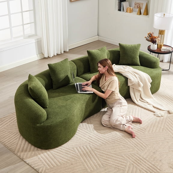 LifeSky Curved Sofa Sectional for Living Room: 110'' Zero-Assembly Sofa - 1400 LBS Capacity for Family & Pets - Green Chenille Modular Furniture