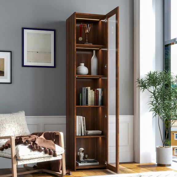 LifeSky Display Cabinet with Built-in LED Lights for Collectors: 1-Click Gallery Lighting - 5 Adjustable Shelves - Modern Walnut Finish