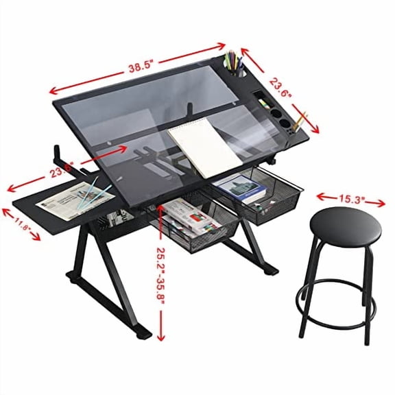 LifeSky Drafting Table Adjustable for Artists - Art Drawing Desk with Storage for Painting Sketching - Glass Top for Painters Illustrators Cartoonists Black