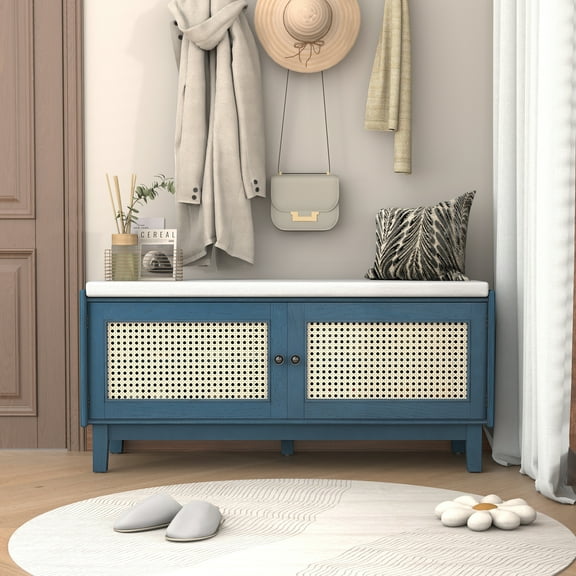 LifeSky Entryway Storage Bench: 2-in-1 Cushioned Shoe Organizer - 4 Compartments & 3 Adjustable Shelves for 12 Pairs - Boho Rattan Design for Hallway & Foyer