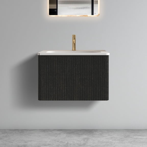 LifeSky Etna 24" Floating Bathroom Vanity with White Ceramic Sink for Small Space: U-Shape Drawer Bypasses Plumbing for 50% More Storage - Pre-Assembled, Curved Safety Edges