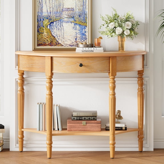 LifeSky Farmhouse Half Moon Console Table with Drawer for Small Entryway: Organized in 15 Seconds - Narrow Hallway Space-Saving - 230 Lbs Top Load & Hidden Storage Shelf