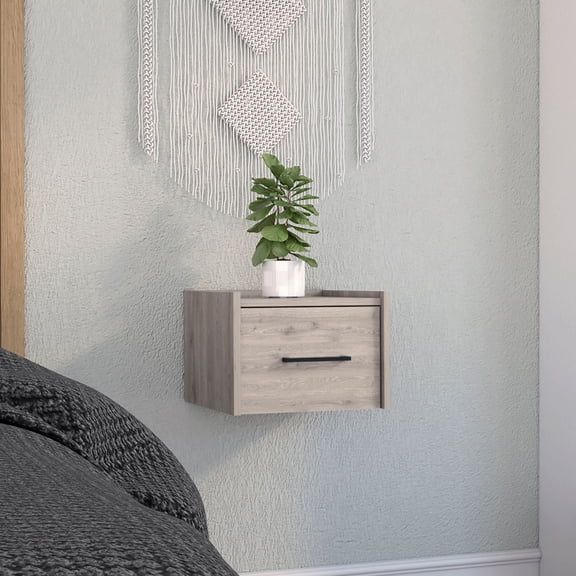 LifeSky Floating Nightstand with Drawer: Modern Wall-Mounted End Table - Light Grey Particle Board & Space-Saving Design - Perfect for Small Bedrooms & Apartments