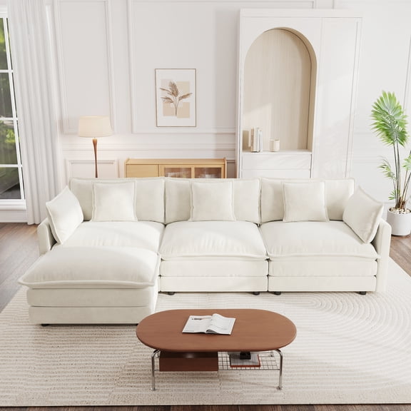 LifeSky Free Combination Modular L Shaped Sectional Sofa for Small Apartment: 5 Layouts, 3-Minute Switch with Reversible Ottoman - 300lbs Per Seat, Movie Night Ready - White Chenille