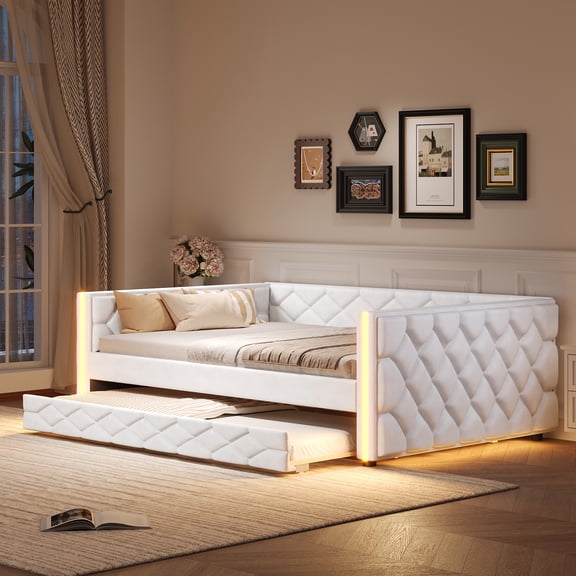 LifeSky Full XL Upholstered Daybed with Trundle and LED Armrests for Mom Night Feeding: 2 Adjustable Light Colors - Midnight Baby Care - APP Control - No Box Spring Needed