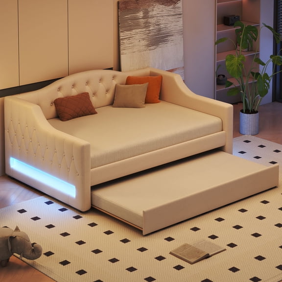 LifeSky Full XL Upholstered Daybed with Trundle for Two Adult Guests: Sleeps 2 Comfortably, 10-Second Setup with LED Ambient Lighting - Friday Night Sleepover Solution - No Box Spring Needed