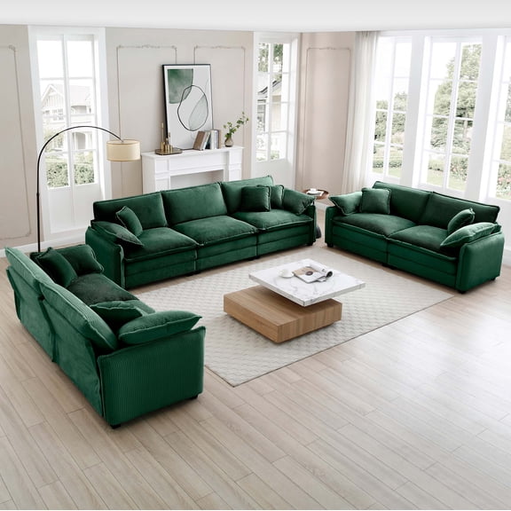 LifeSky Green Corduroy 3 Piece Sofa Set for Living Room: Instantly Stylish Retro Decor with Deep Seats & Memory Foam - Weekend Housewarming Party Ready - Spacious 7-8 Seat Deep Cushion Sofa